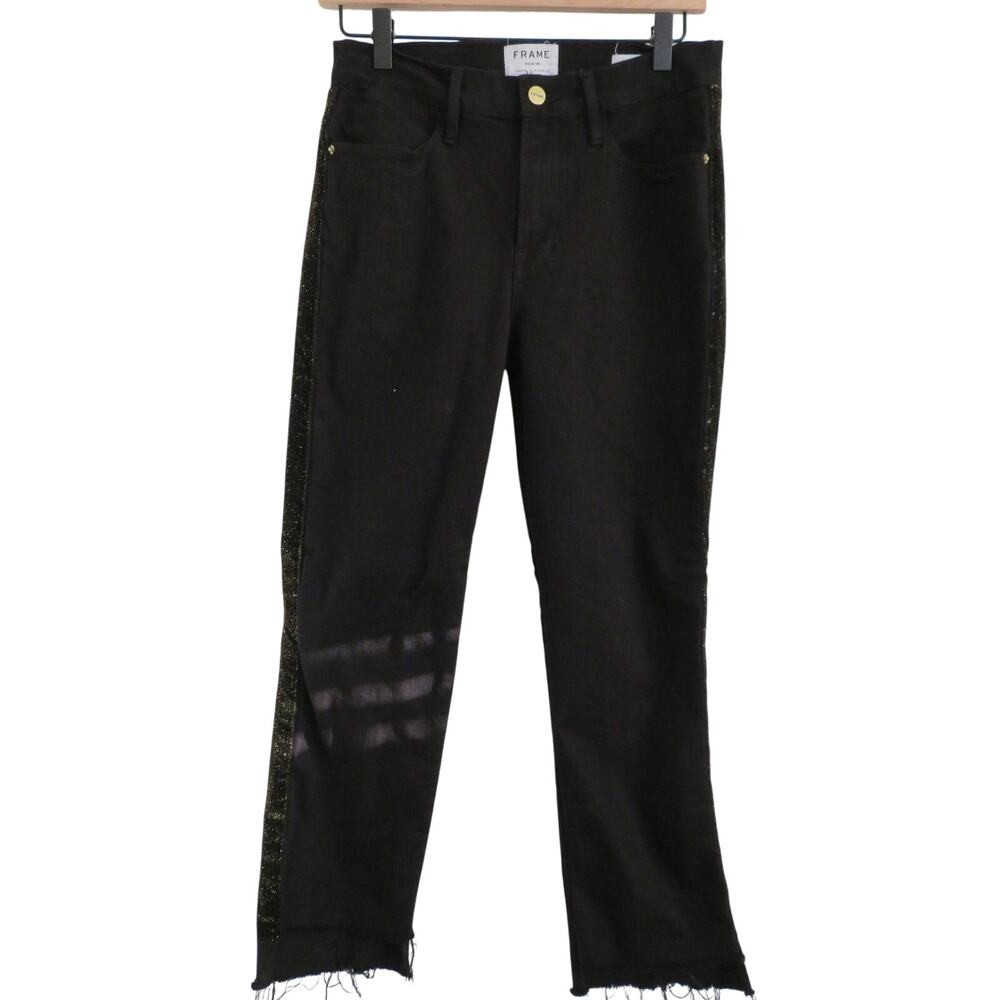 Frame Women Sz 28 Noir Le High Straight Black Jeans Gold Velvet Side Stripe